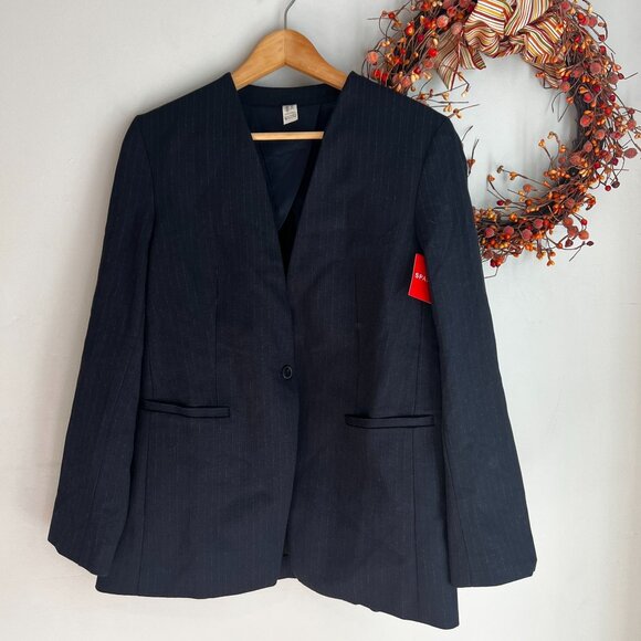 SPANX Womens Perfect Collarless Blazer MEDIUM Navy Grey Pinstripe Ponte - Picture 1 of 10